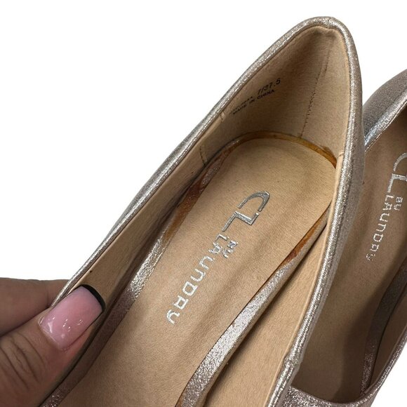 CL by LAUNDRY Women SZ 7/37.5 Gold Platform Pumps Heels-Open Toe -5” Stilleto - Picture 3 of 16